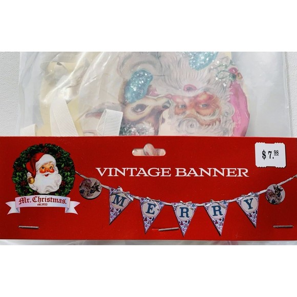 Mr. Christmas Banner MERRY Pink Turquoise Santa Reindeer 1950s Retro Ribbon 53" - Picture 6 of 11